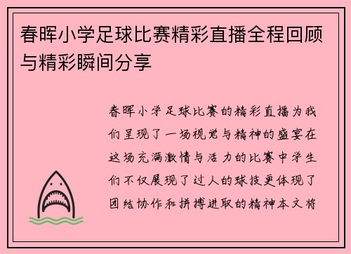 春晖小学足球比赛精彩直播全程回顾与精彩瞬间分享